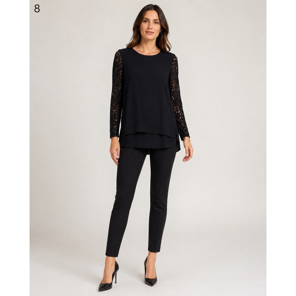 Diane von Furstenberg Blouse Top‎ Womens 6 Black Silk Lace Sleeve Layered Hem